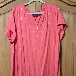 Cynthia Rowley pineapple t-shirt dress. Coral. Gold.